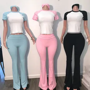 Huili Custom logo Color Block Workout Gym Activewear Short Sleeve Crop Top Tee Fold Over Flare Leggings Loungewear Pajamas Women