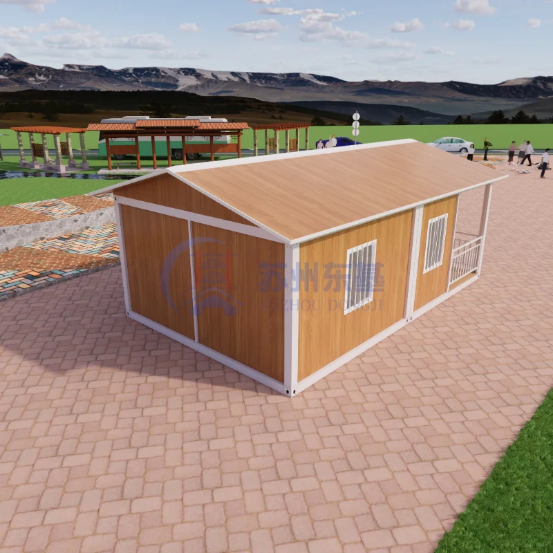 Màu gỗ, tùy chỉnh theo cá nhân, nhà tiền chế 3 phòng ngủ cho gia đình, nhà container mái dốc kép