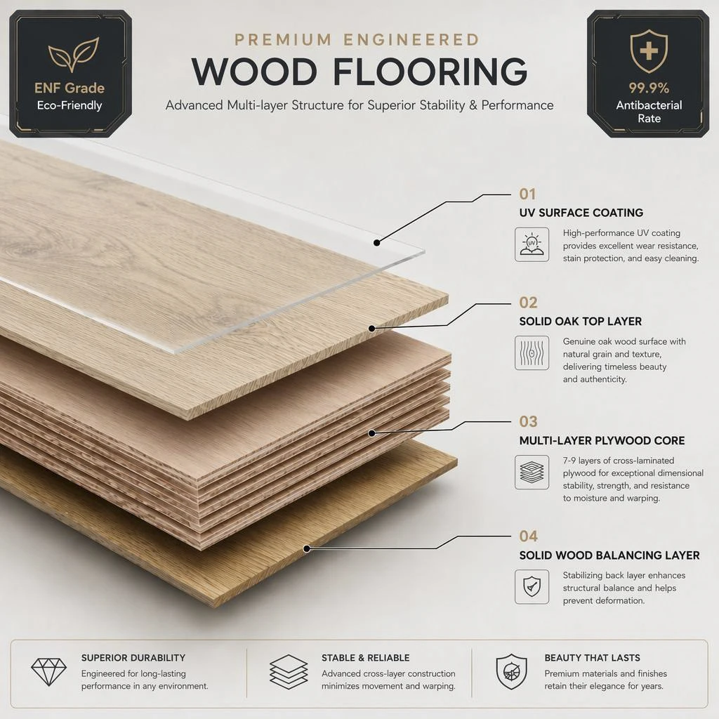 Modern Oak Multilayer Engineered Wood Flooring with T&G Click Lock Installation for Living Room