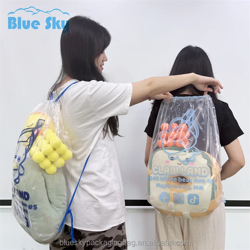 Number One Sales Made in China Large Capacity Drawstring Storage Bag Bear Plush Toy Doll Transparent Plastic Pvc Dust Backpack