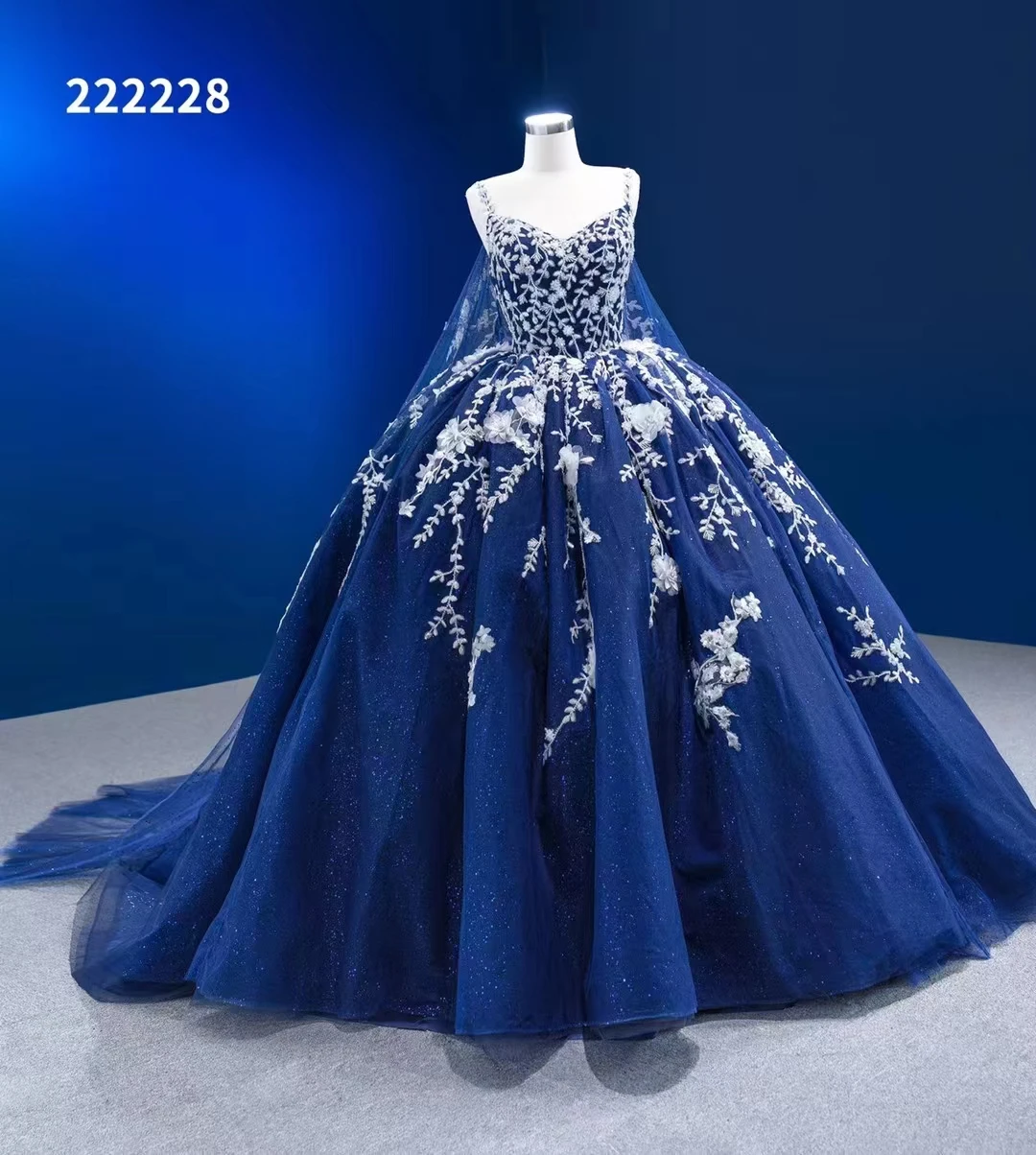 QUEENSGOWN Royal Blue Girls Evening Gowns Party Dress Sleeveless Glitter  Ball Gown Floral Embroidered Dress