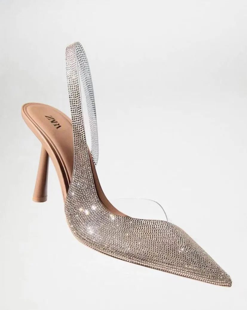 New Pointed Toe Baotou Back Hollow Thin High Heel PVC Rhinestone Decorative High Heel Sandals