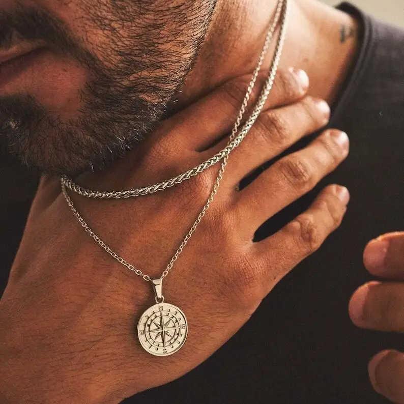 Layered Necklaces for Men Crucifix Travel Compass Pendant Stainless Steel  Cuban Figaro Wheat Chain Angel Wing Retro Collar Gift