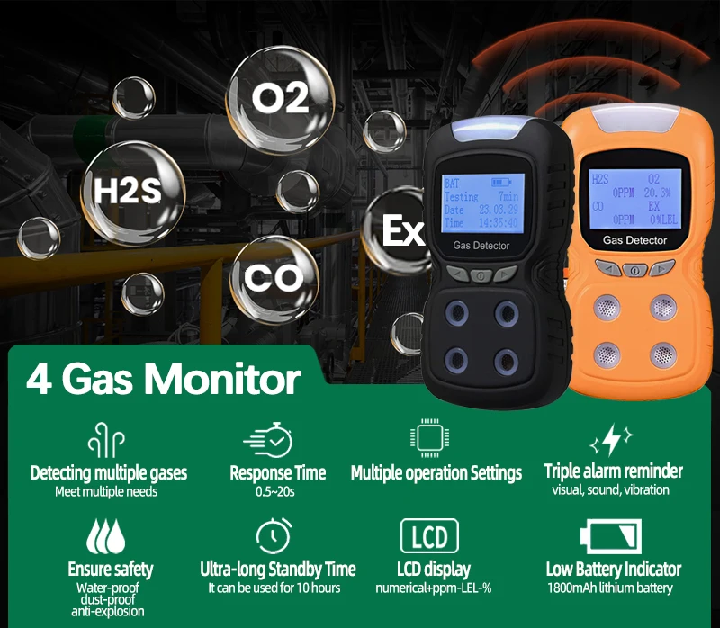 Portable 4 In 1 Gas Detector Handheld Toxic And Harmful Combustible Gas Detector O2 Co H2s Ex