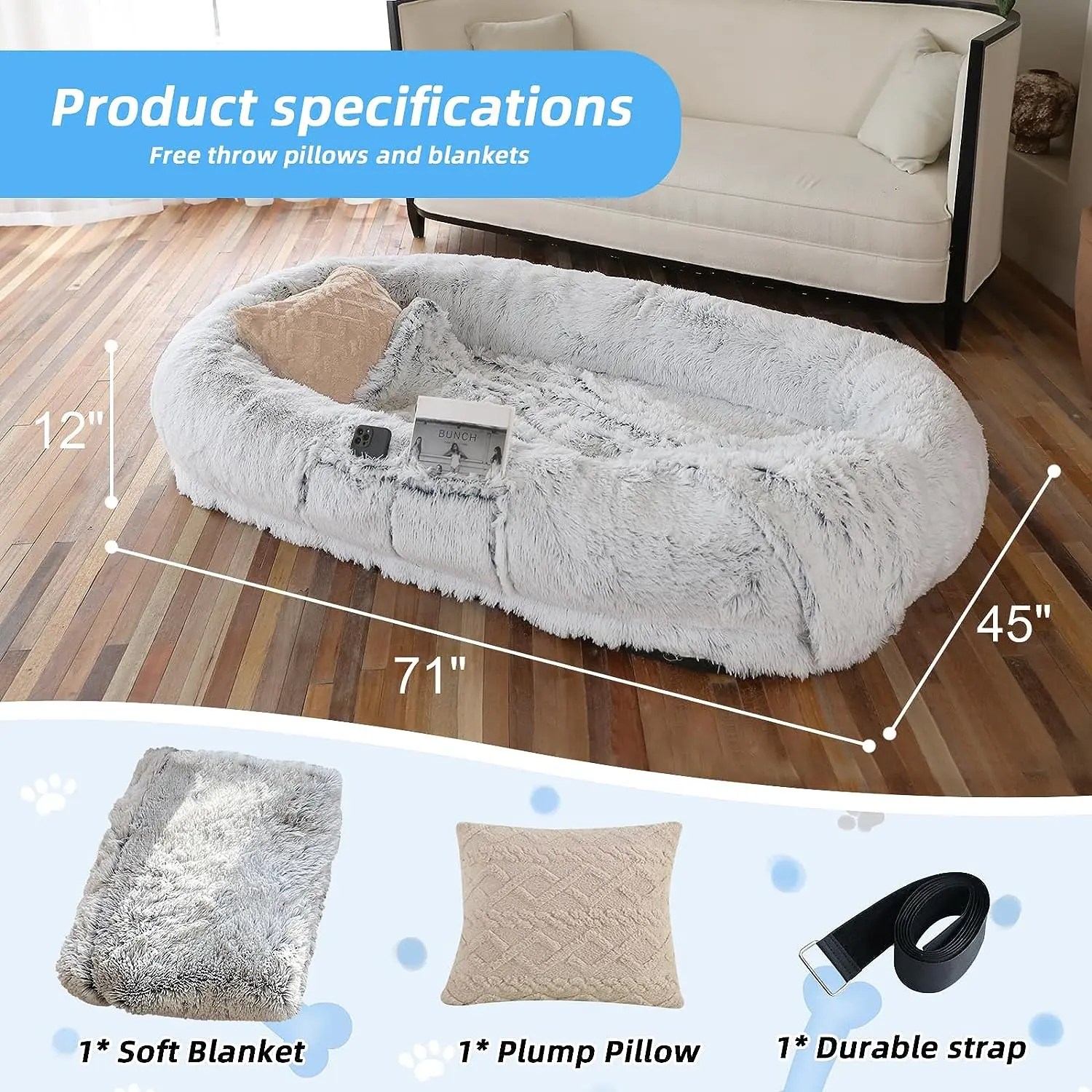 Factory Direct Sale Human Dog Bed Human Size Washable Faux Fur Human Dog Bed for You and Pets Human Dog Beds.