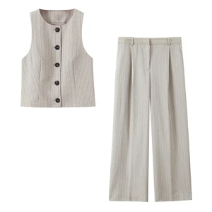 Spring New Fashion Button Round Neck Top Waistcoat High Waist Trousers Office Lady Leisure Suit Stripe Vest Pant Sets for Women