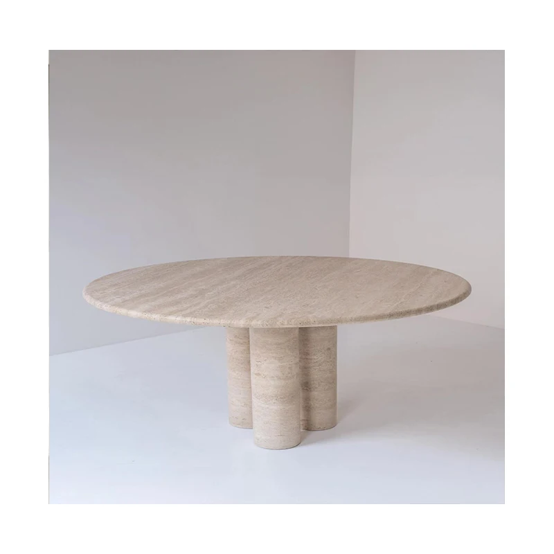 Customized Nordic Beige Travertine Marble Dining Table Set Natural Stone Cut-to-Size Calcite Wabi-Sabi Home Restaurant Furniture