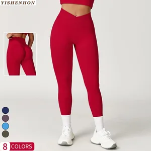 YISHENHON Custom Logo Gym Fitness Workout Nude Soft Pants Push up Scrunch Butt V Shape Cross Waist V Cut Yoga Leggings for Women
