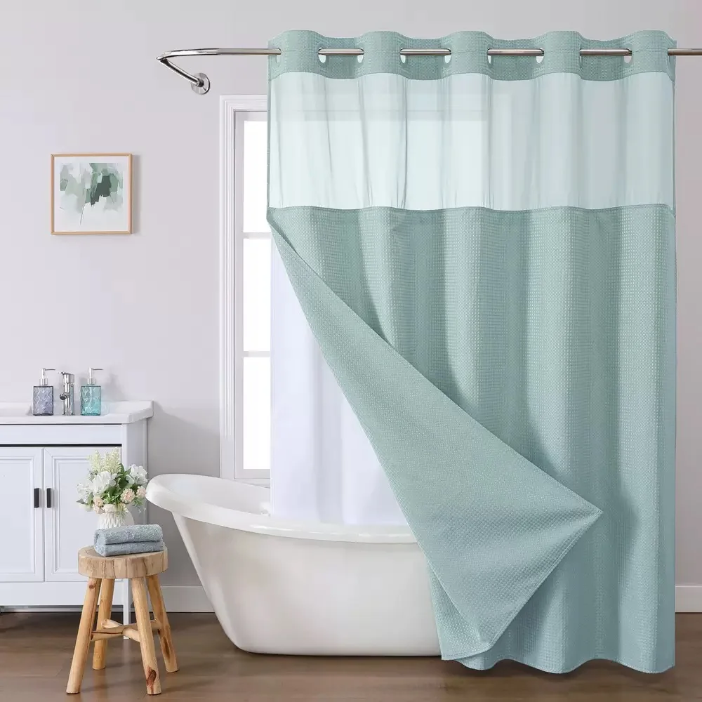 Custom 100% Polyester Waterproof Bathroom Hookless Shower Curtain Custom Shower Curtain With Snap in Liner