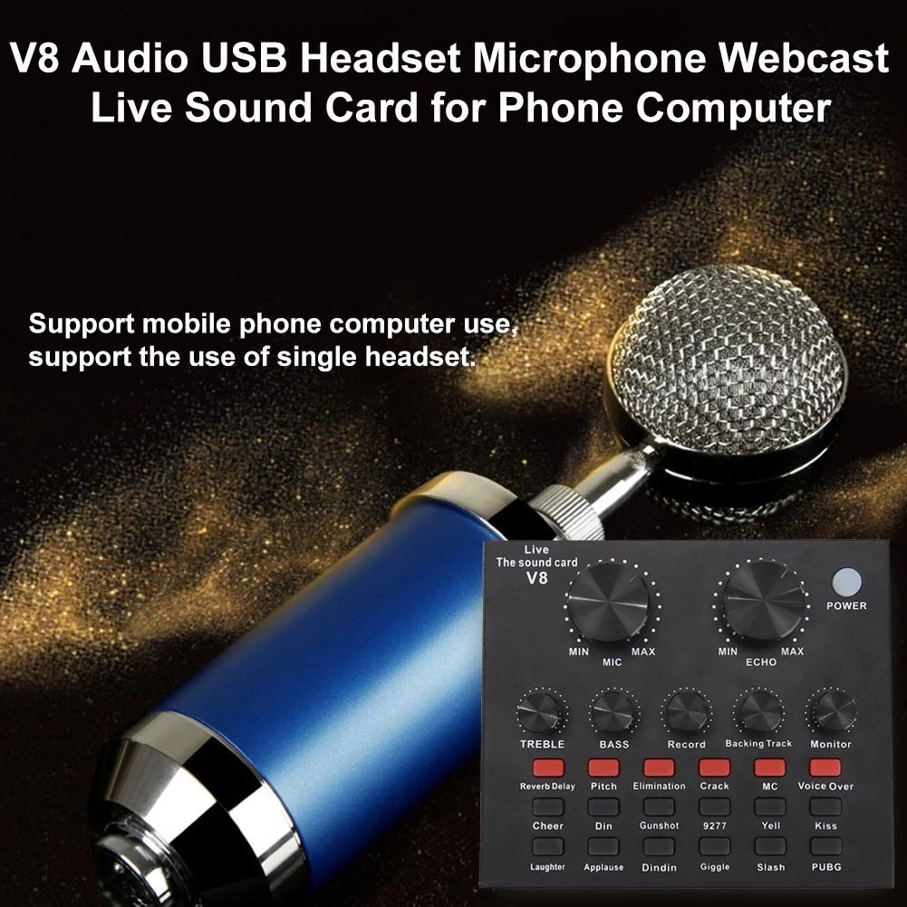 V8 Audio USB External Sound Card Headset Microphone Webcast Personal Entertainment Streamer Live Broadcast for PC Phone Compute