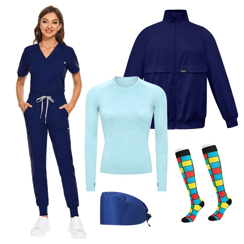 Full Zip up Customized Logo Warm-up Jackets and Nurse Uniform Sets Customized Stretchy Front Zip Nurse Scrub Jacket 3 PCS Sets