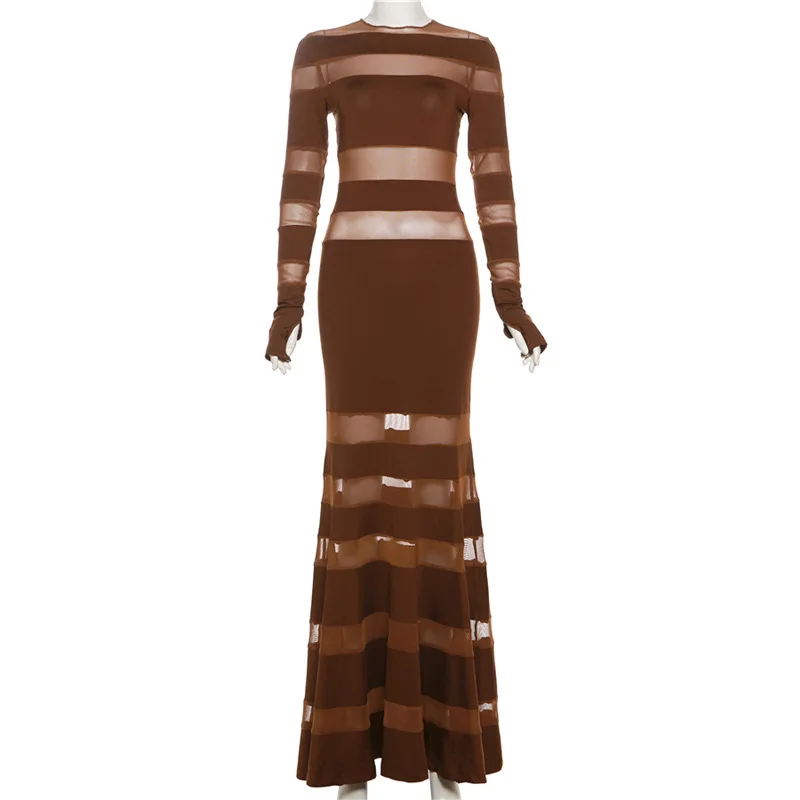 Sexy See Through Mesh Patchwork Long Dress  Women Backless Bodycon Cocktail Party Elegant Luxury Birthday Dresses Vestidos