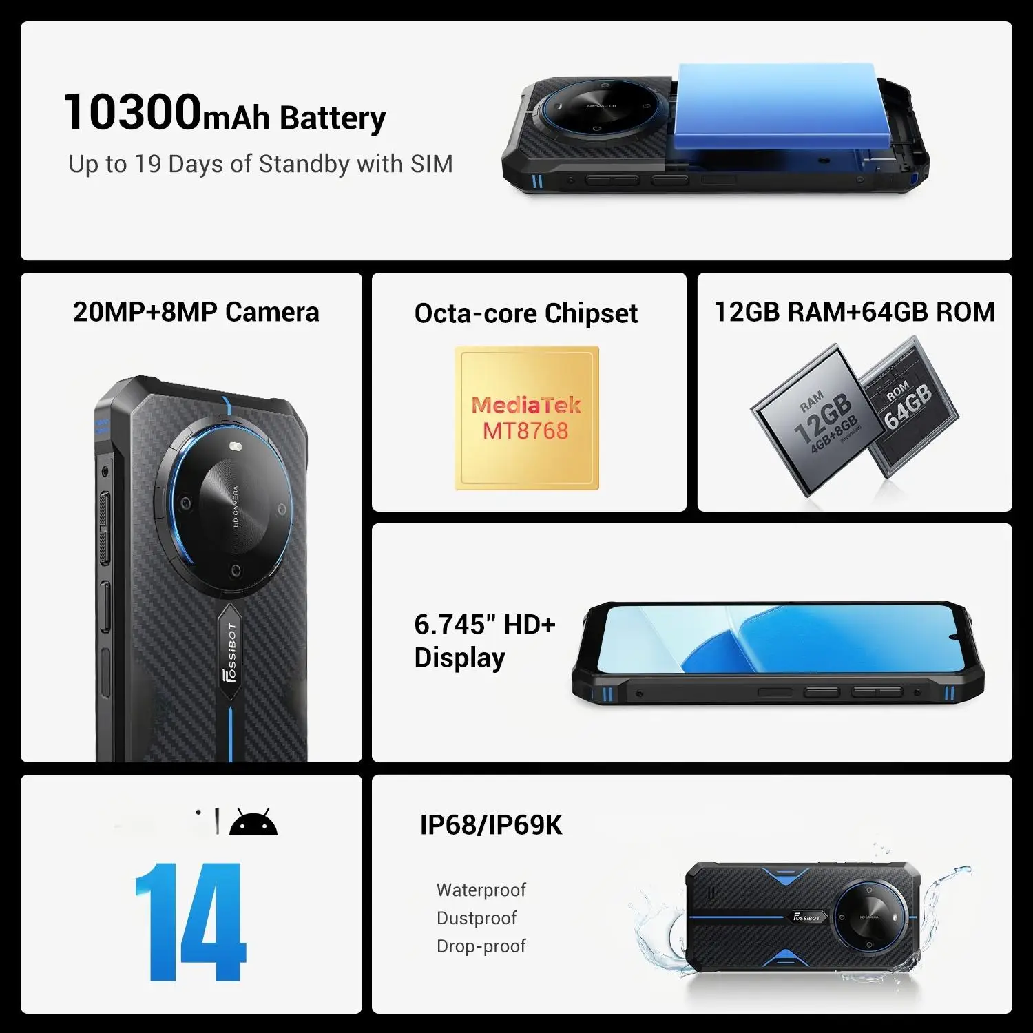Fossibot F105 Lightweight Stylish 6.745'' HD+ Display 10300mAh Big