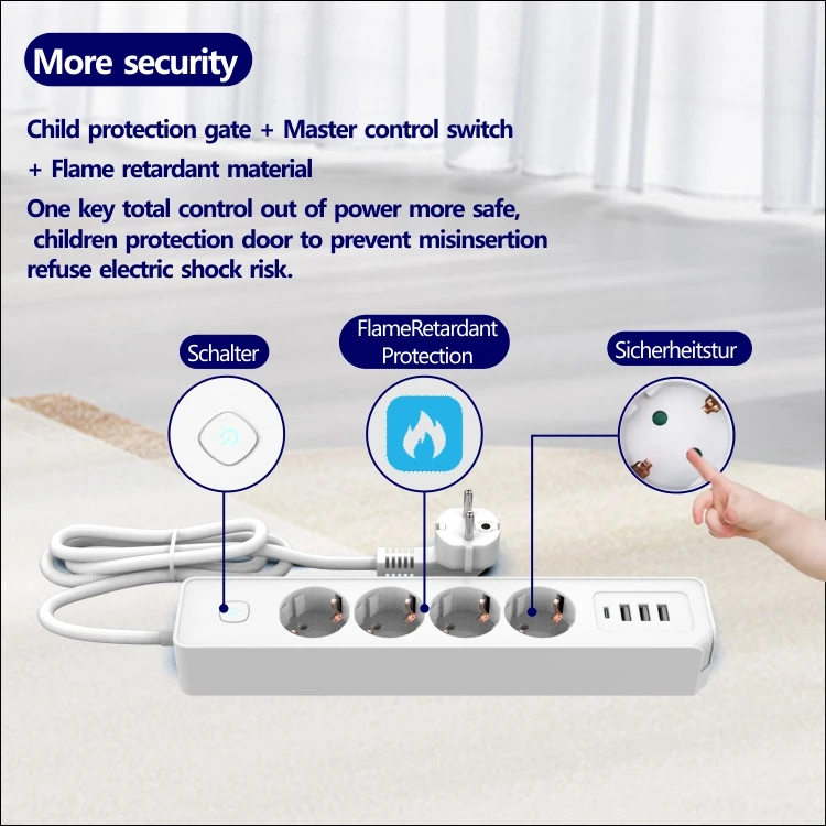 EU Standard Power Strip Extension Socket with Master Control Switch 3 EU Outlets 3 USB 1 Type C EU Power Strip Socket