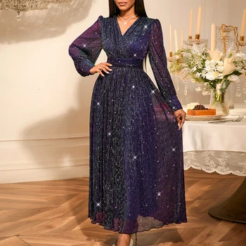 AM050337 Luxury Sparkly V Neck Long Lantern Sleeve Sequined Pleated a Line Purple Maxi Women's Formal Evening Dress