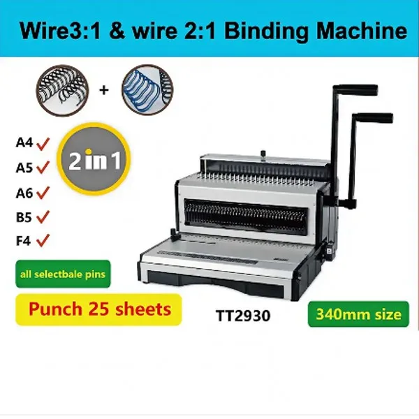 TT2930 40 Holes 25 Sheets Manual Double Wire O All Sizes 3:1 and 2:1 Twin Iron Ring Punching Binding Machine