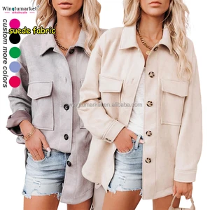 Custom Ladies Coats Warm Faux Leather Fall Jackets Buttons Shacket Solid Winter Suede Jacket for Women
