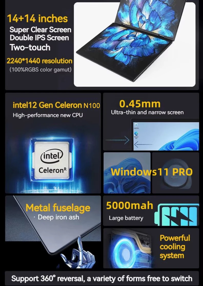 2025 Popular Double Screen 14Inch 2K IPS Touch Screen 16G DDR4 With Stylus Pen Dual Monitor Laptop for Business