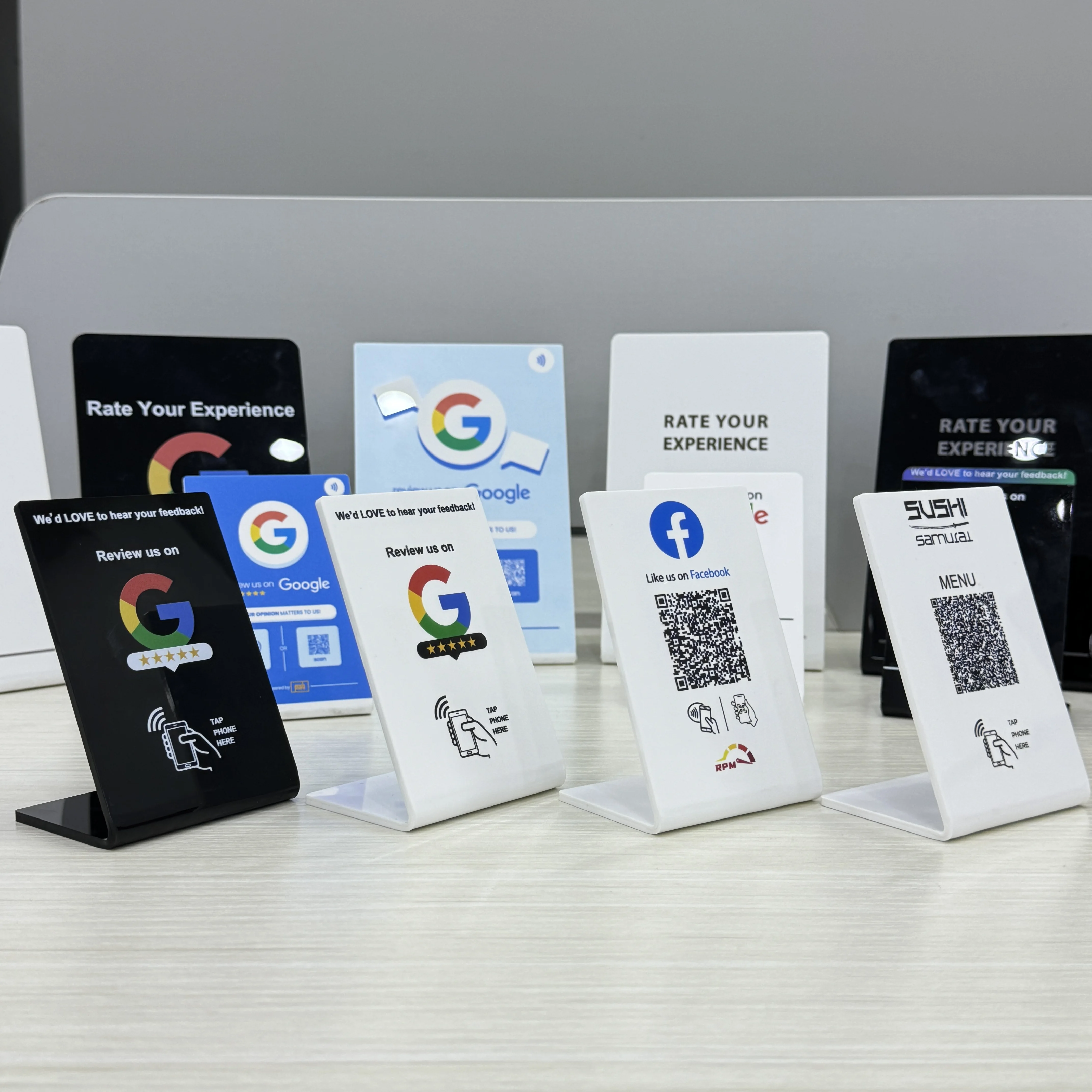 Custom Acrylic Google Review NFC Table Stand Display Qr Code for Restaurant Menu Instagram Facebook Whatsapp Linkedin