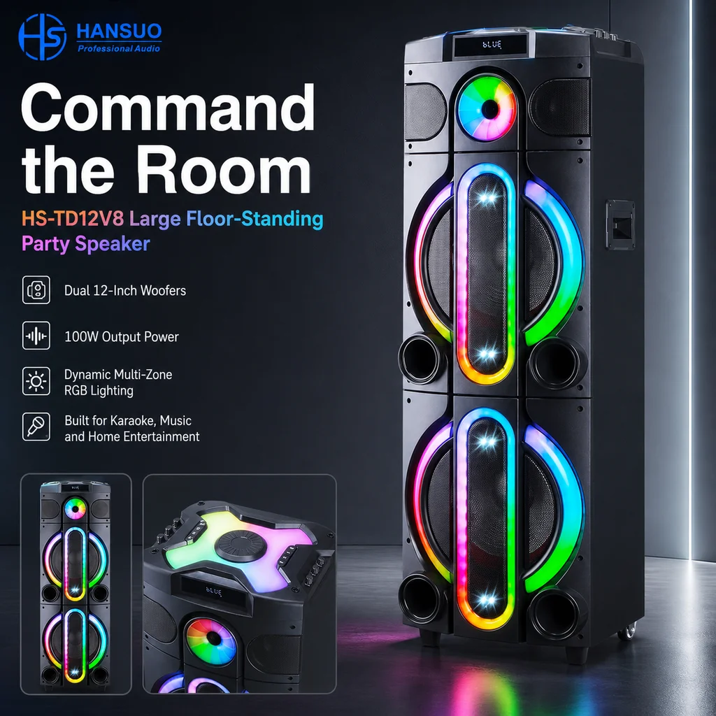 HANSUO HS-TD12V8  100W Dual 12 Inch Floor Standing Karaoke Party Speaker with Two Wireless Microphones USB FM and Dynamic Lights