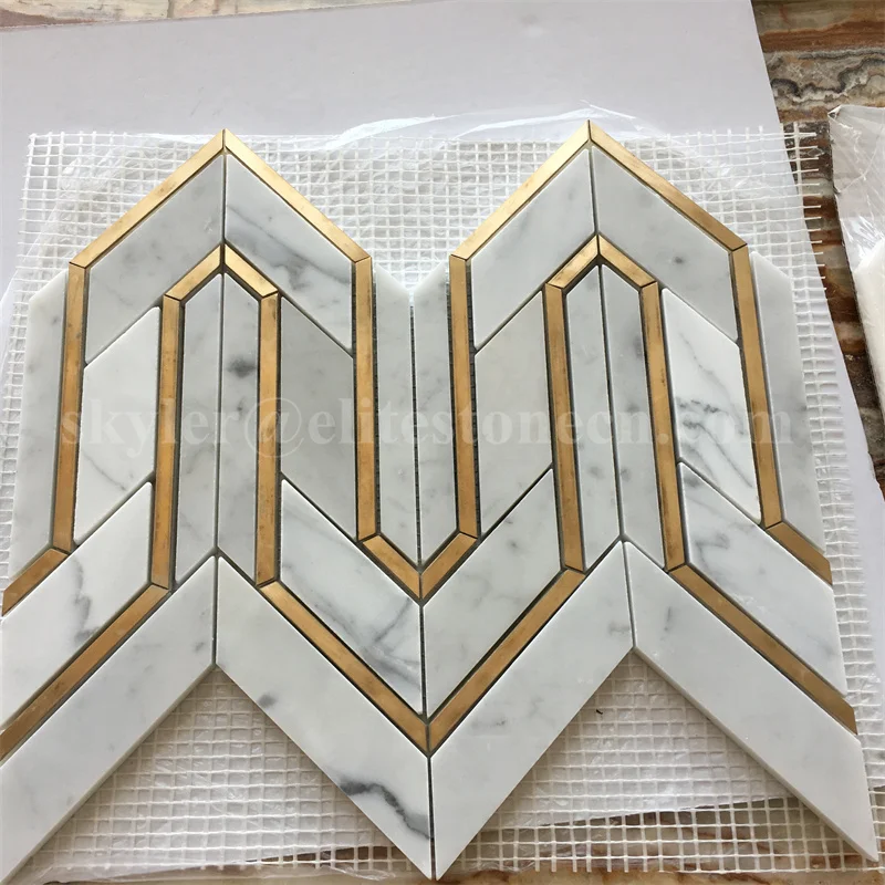 White Marble Inlay Brass Waterjet Mosaic Tile Pattern Decorative ...