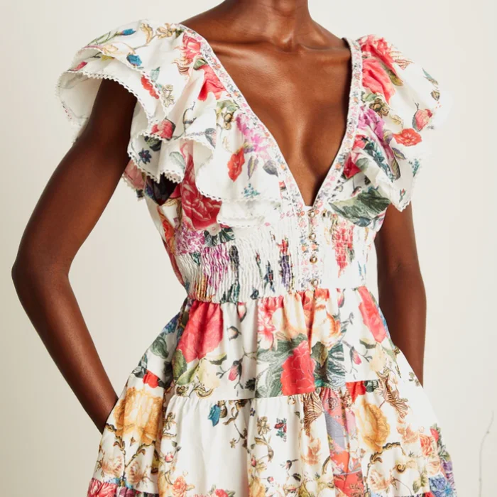 High Quality Mini Satin Silk Women's Dress Latest Open Breast Flora Printed Design Natural Waistline Woven Digital Printing