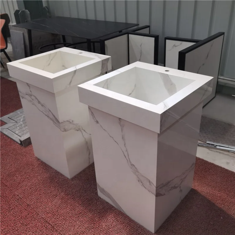House Bathroom Calacatta White Sintered Engineered Stone Pedestal Sink for Hotel