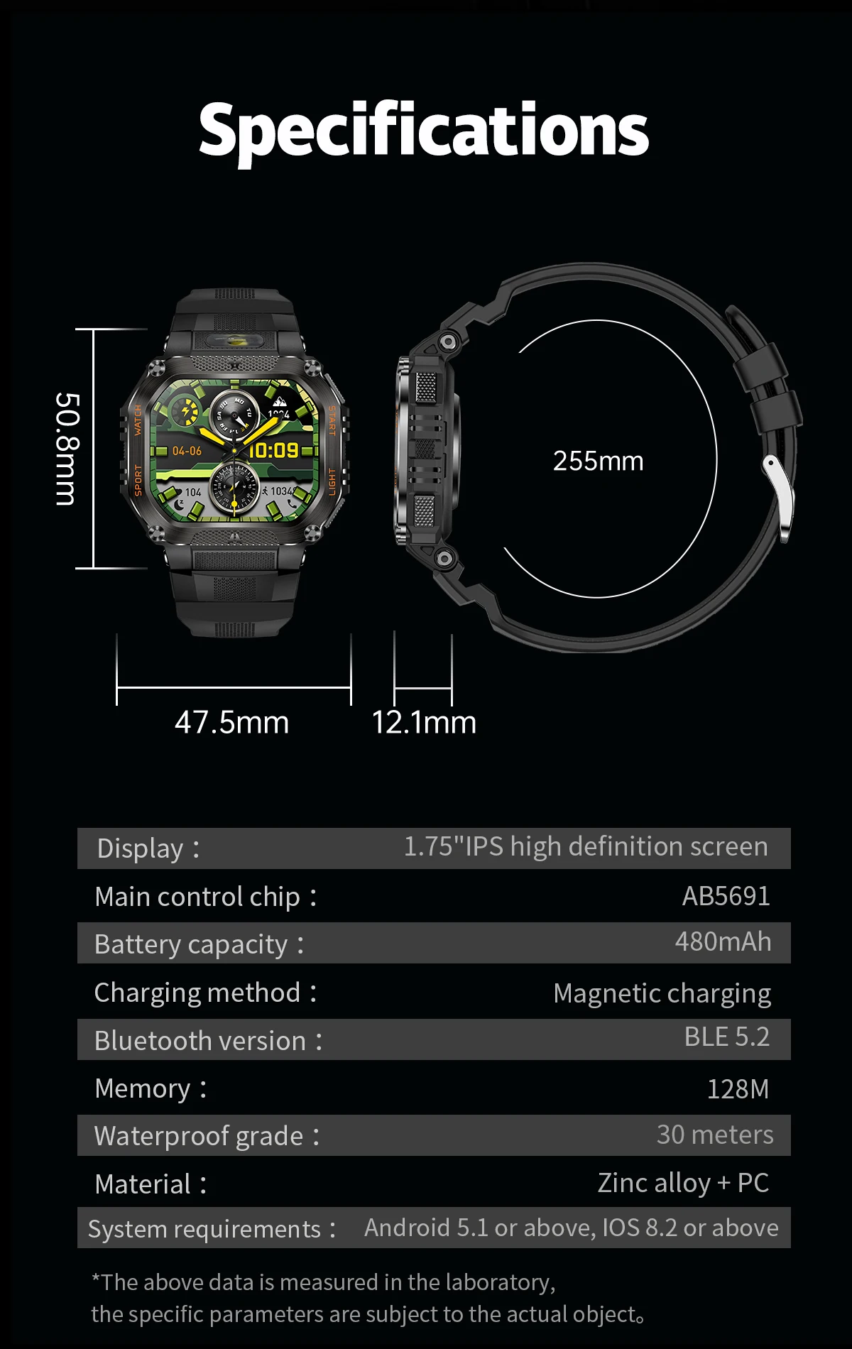 product laudtec men outdoor smart watch led flashlight bt calling voice assistant large screen sports smartwatch wearable device sb004-11