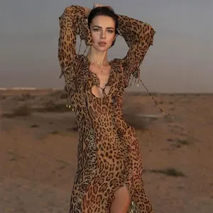 Leopard Ruffle Sexy Maxi Dress Women Slim Long Sleeve Deep V-neck Split Dresses Women Bandage Bodycon Long Dress