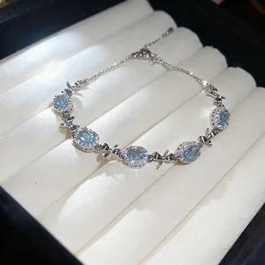Fashion Chain & Link Bracelets Copper Light Blue Oval Diamond Zircon Bow Bracelet Jewelry Fancy Jewellery for Ladies Women