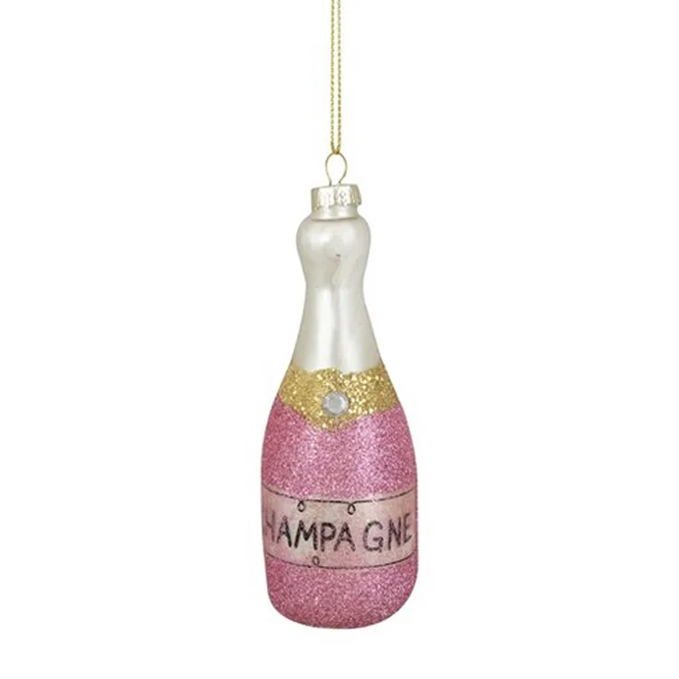 Pink glittered champagne bottle ornament christmas mouth blown glass hand painted blown ornament for sale