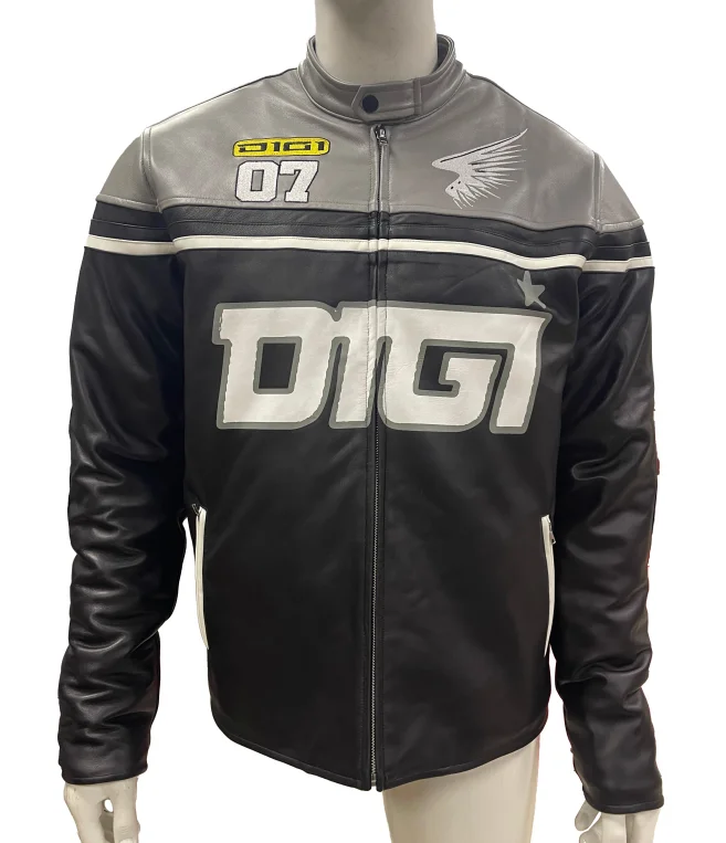 Custom Logo and Text Embroidered Stand Collar Patch Design Zipper up Speed Racer Leather Jacket