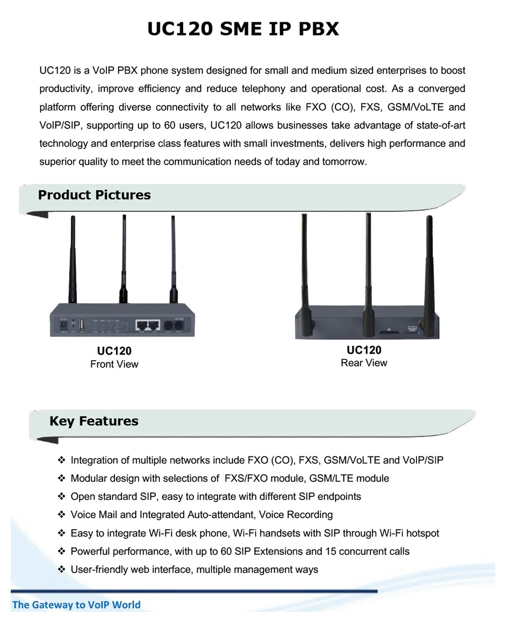UC120 is a VoIP PBX phone system Dinstar IP PBX Support 60 SIP users and 15 concurrent calls ,1 LTE / GSM 1 FXS 1 FXO