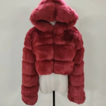 wholesale colorful winter Women's short hooded fur jacket women long sleeve stitching solid color faux fur coat