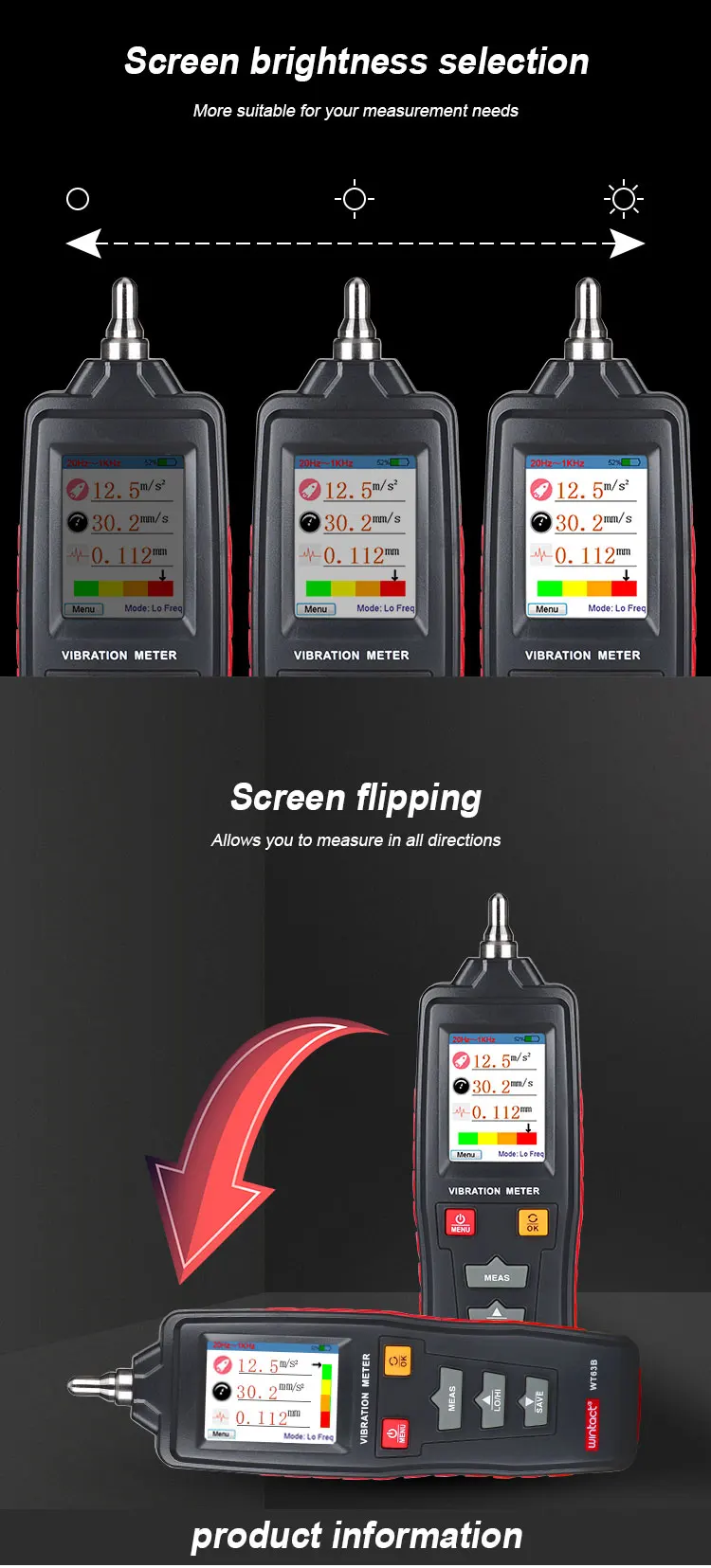 Wt63b Tester Vibration Meter Industrial Digital Vibration Meter Device Probe Vibration Analyzer