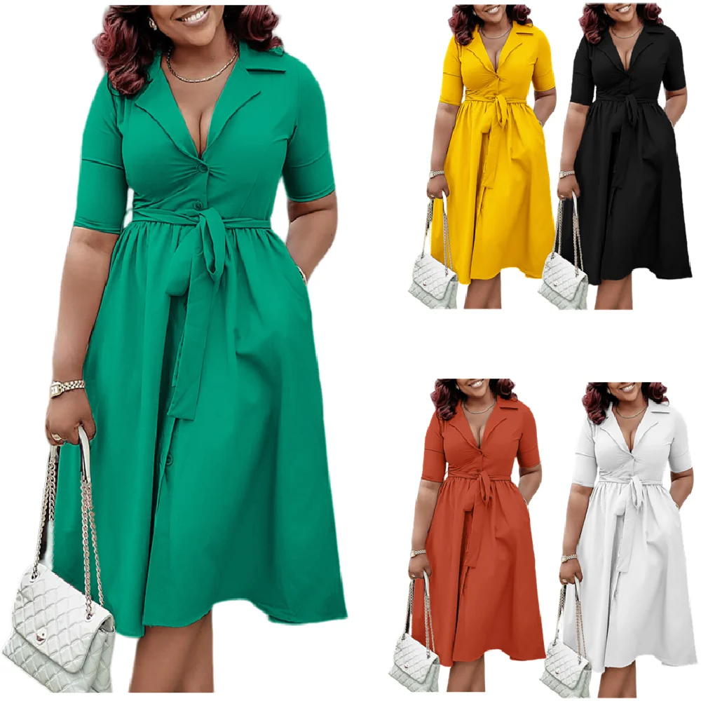 D517 Latest Design Summer Ladies Office Dresses for Women Suit Collar Short  Sleeve Solid Color A-line Elegant Casual Dresses