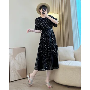 Miyake Women's Summer Dress Generational Pleated French Black Casual Midi Length Slimming Temperament with Loose Fit