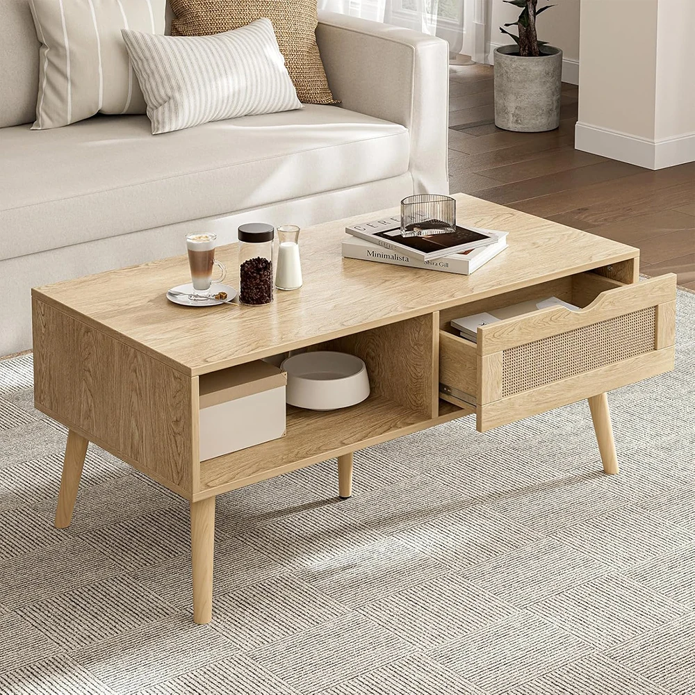 product modern coffee table with storage rattan drawer solid wood legs oak finish for living room-4