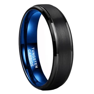 Coolstyle Jewelry 6mm Blue Black Tungsten Carbide Ring for Men Women Engagement Band Brushed Beveled Stepped Edges Comfort Fit