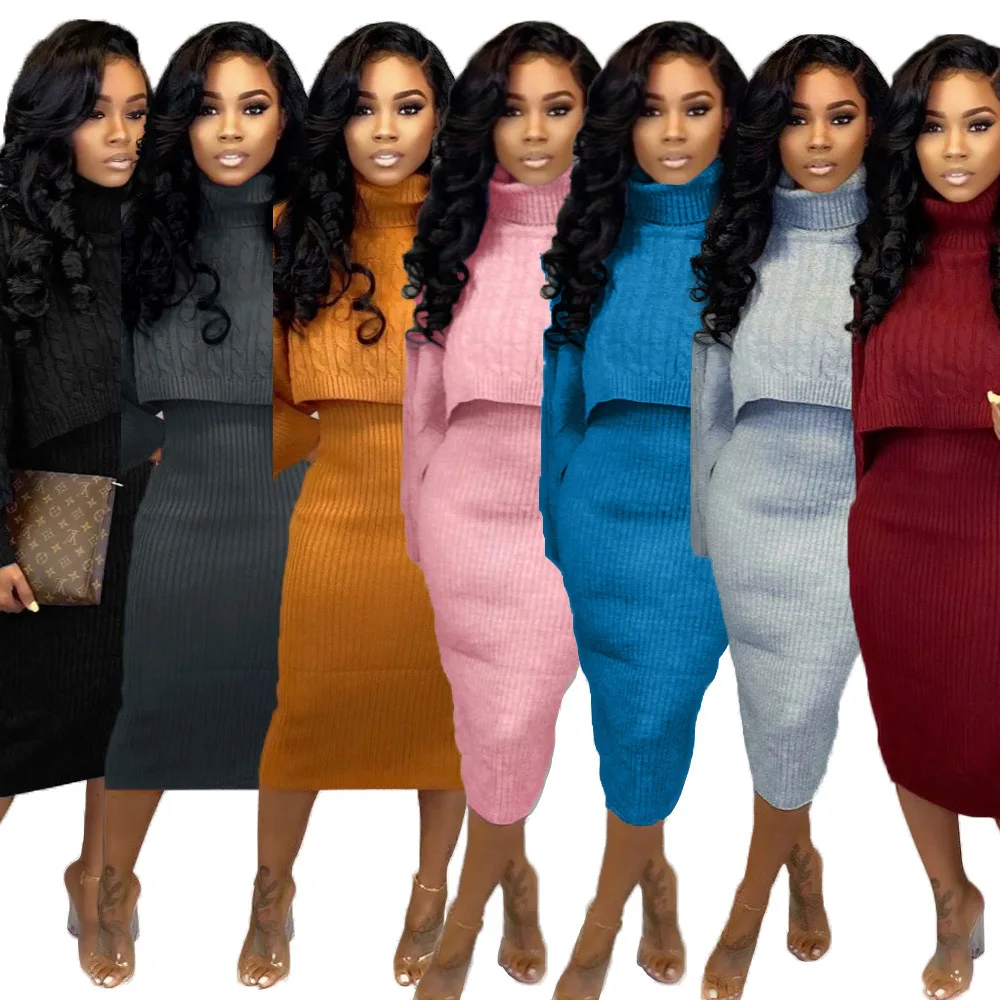 Set Turtleneck Knitted Sweater Dress 