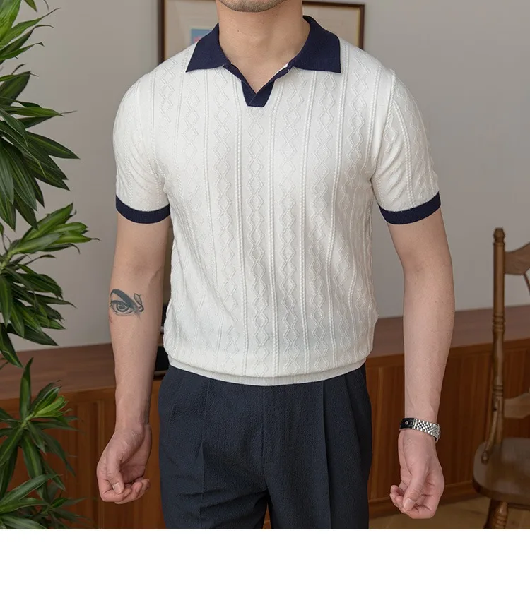 Summer breathable color matching fashion men's Polo shirt V lapel elastic jacquard texture slim short sleeve knitting