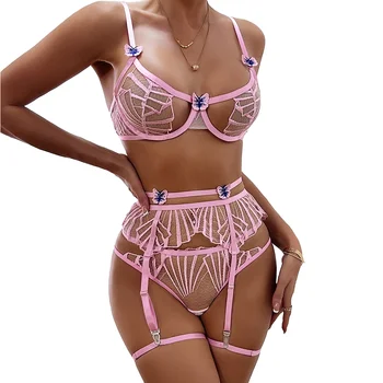 Geometric Irregular Pink Embroidered Chest Hollow-Out Butterfly Patch High Quality Sexy Underwear Three-piece Woman Lingerie