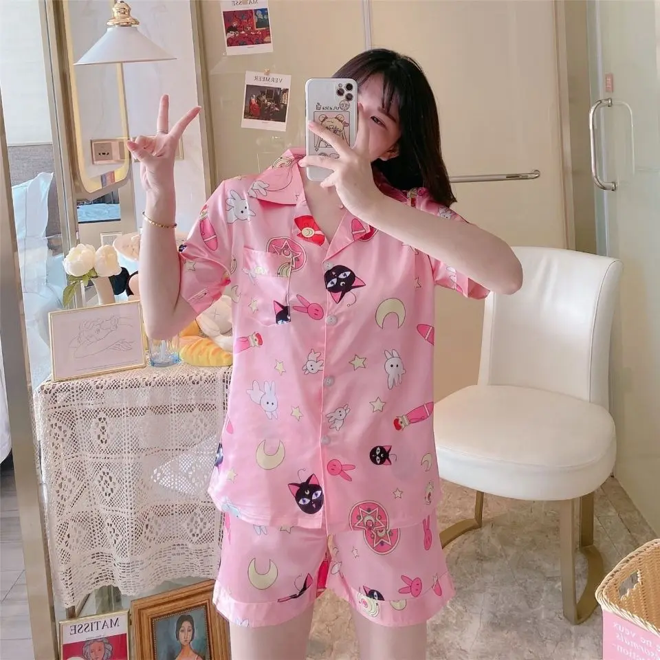 Korean High Quality Silk Pink Print Short Sleeve Pajama Set