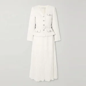 Clothing Manufacturer Custom Autumn Winter White V Neck Long Sleeve Metallic Elegant Casual Women Tweed Midi Dress