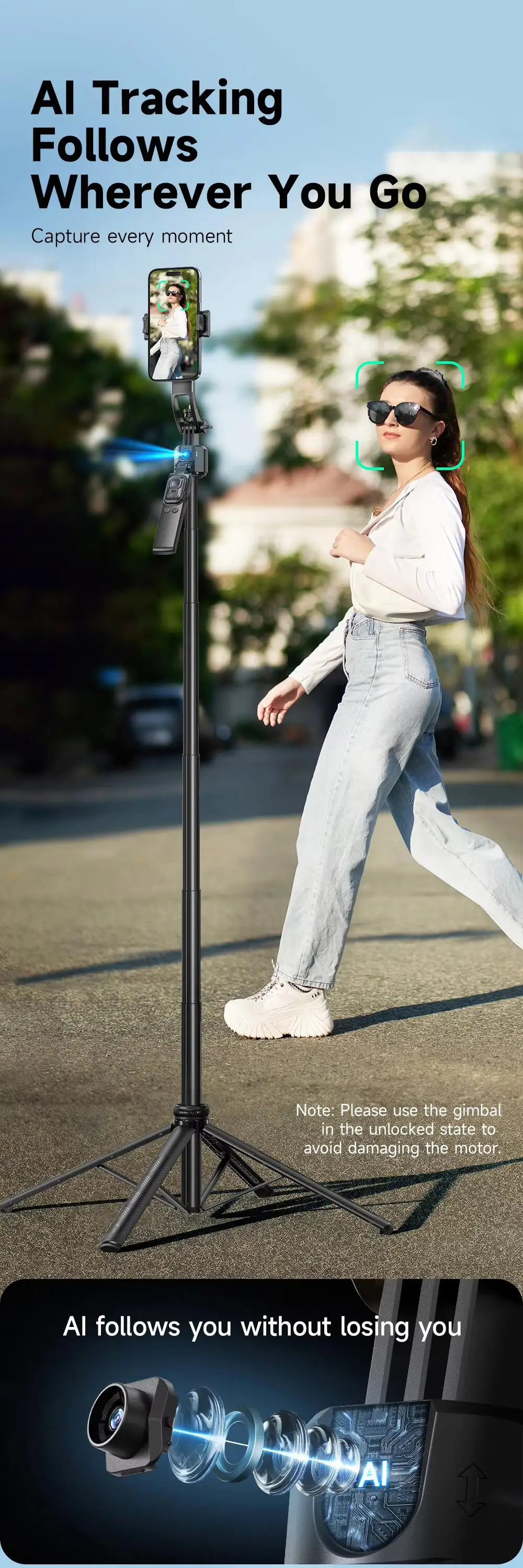 thumbnail image 2 of Tiankeplus C17 360° Rotation Anti-Shake Wireless AI Face Tracking Gimbal Self Stick Bluetooth Live Tripod I.1012189217 2 of 10