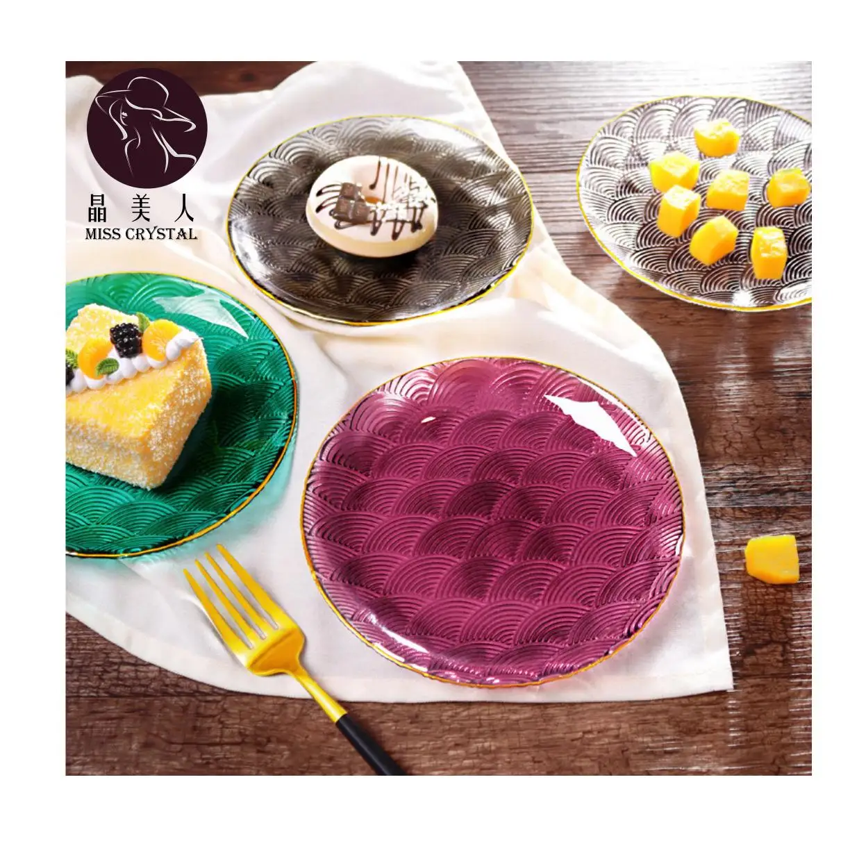 Classical Style Colourful Glass Round Plate with Gold Rim Glass Square Shape Plate for Party