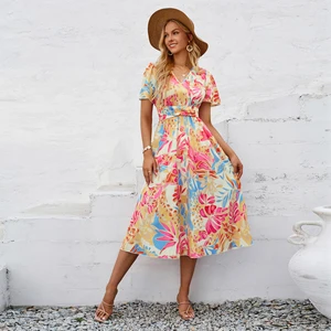New Fashion Floral Printing v Neck Casual Dresses Vacation 2026 Midi Summer Dress for Women
