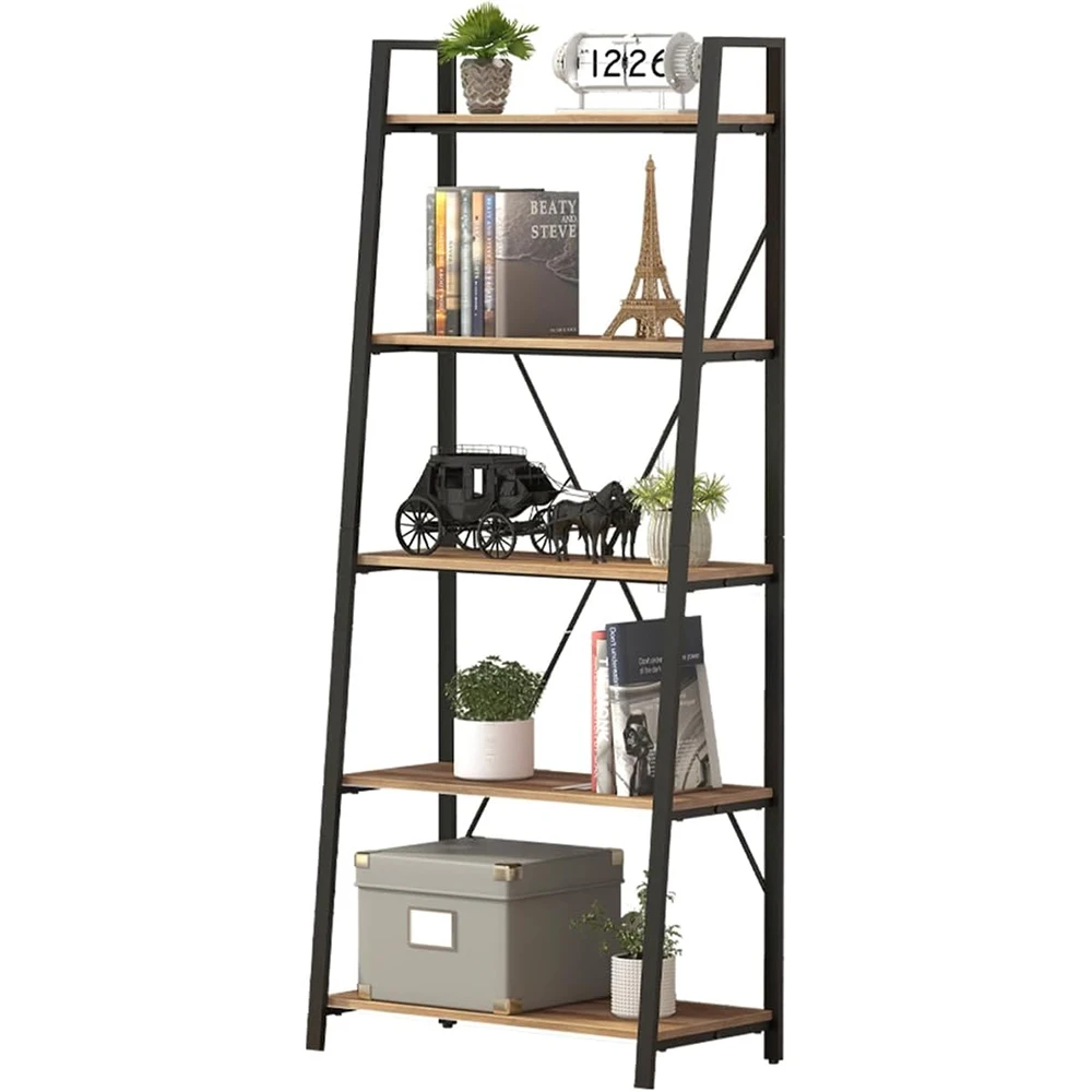 Modern 5-Tier Wooden and Metal Ladder Bookshelf Living Room & Home Office Storage Furniture