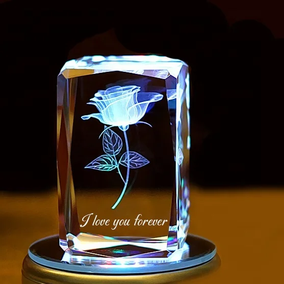 3D Laser Engraved Crystal Photo Cube with Rotating LED Light Personalized  Your Own Pictures Glass Frame For Wedding Mom's Days