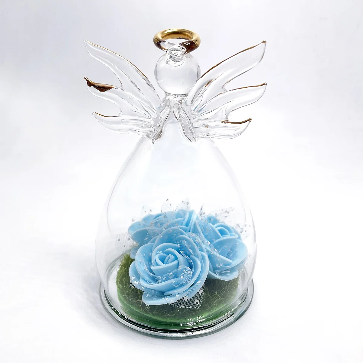 Preserved blue rose flower with angel figurine everlasting Rose decorative flowers for Christmas Mother's Day Gifts factory